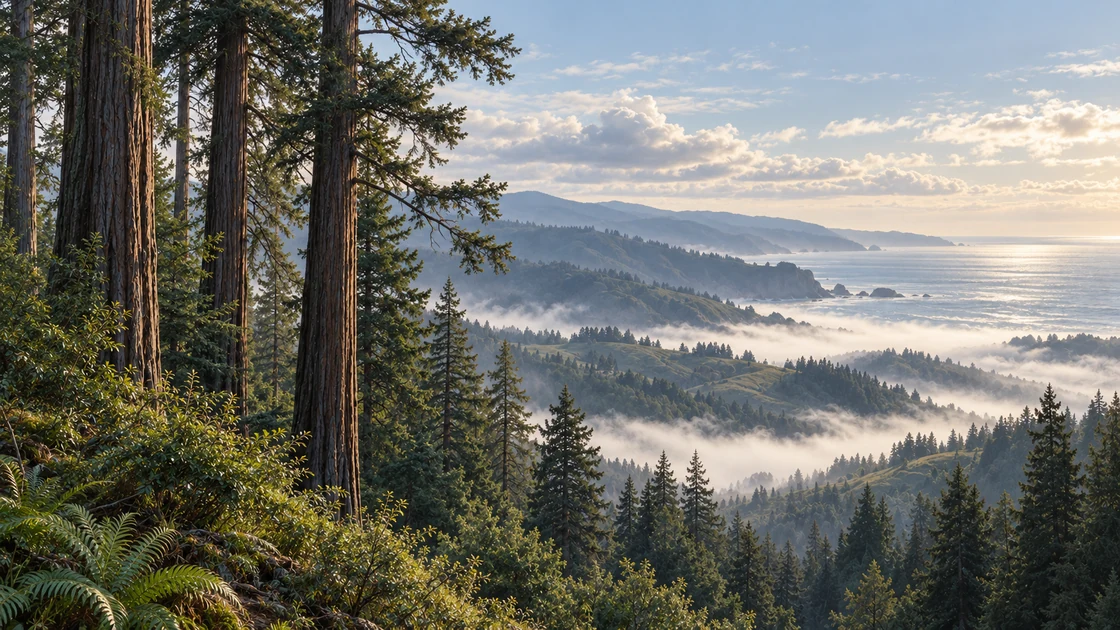 Landscape illustration of redwood trees above fog-layered coastal hills and the ocean.