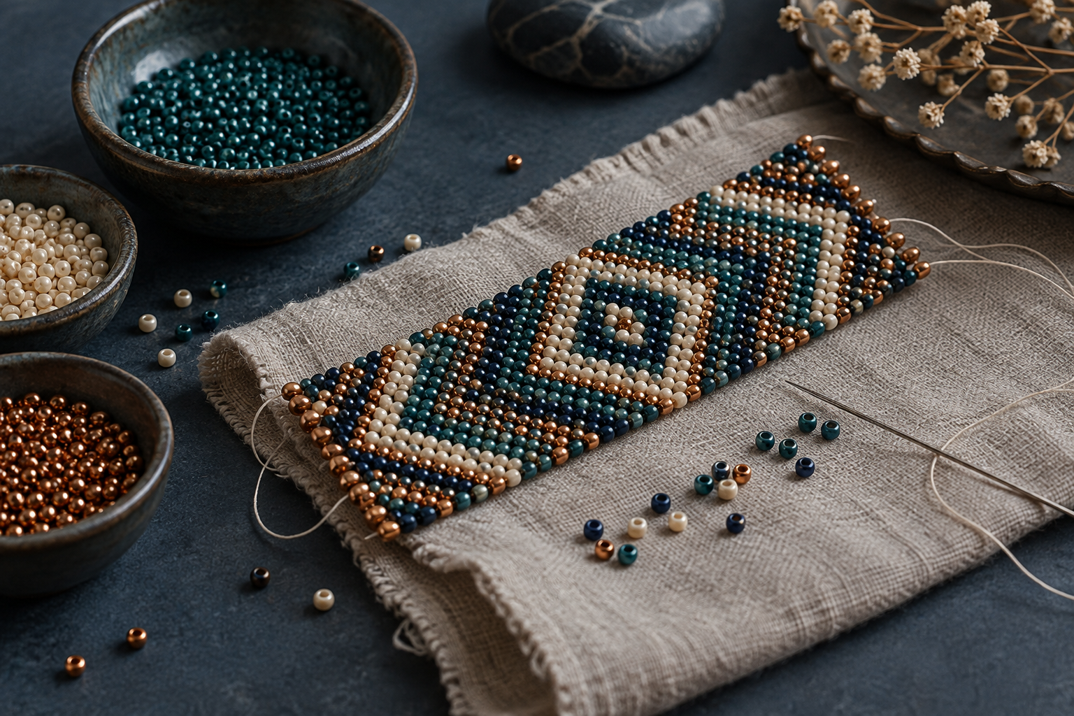 Woven seed beads, a needle and loose beads on linen