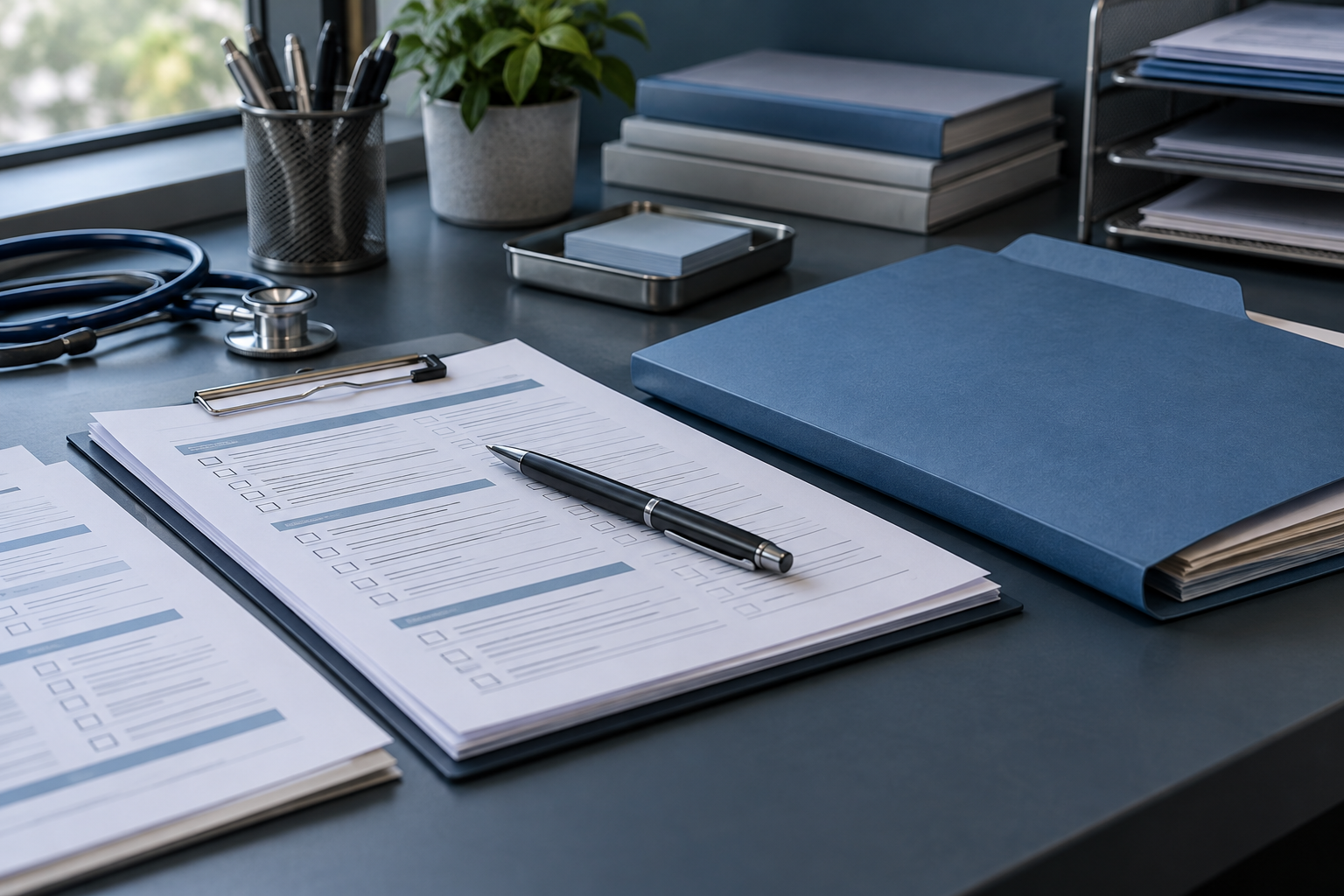 Paper checklists and a blue folder on a desk