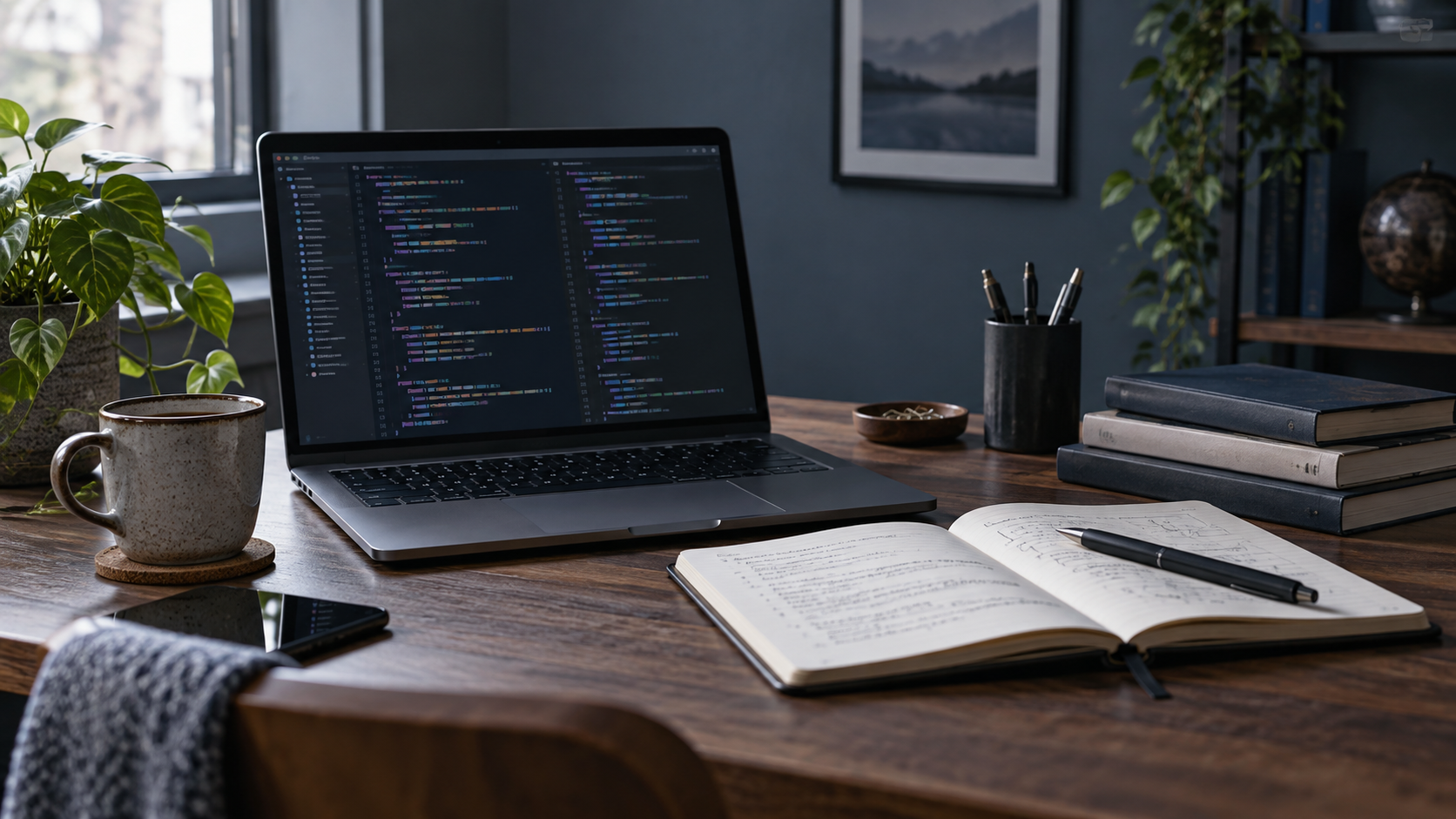 Laptop and notebook in a coding workspace